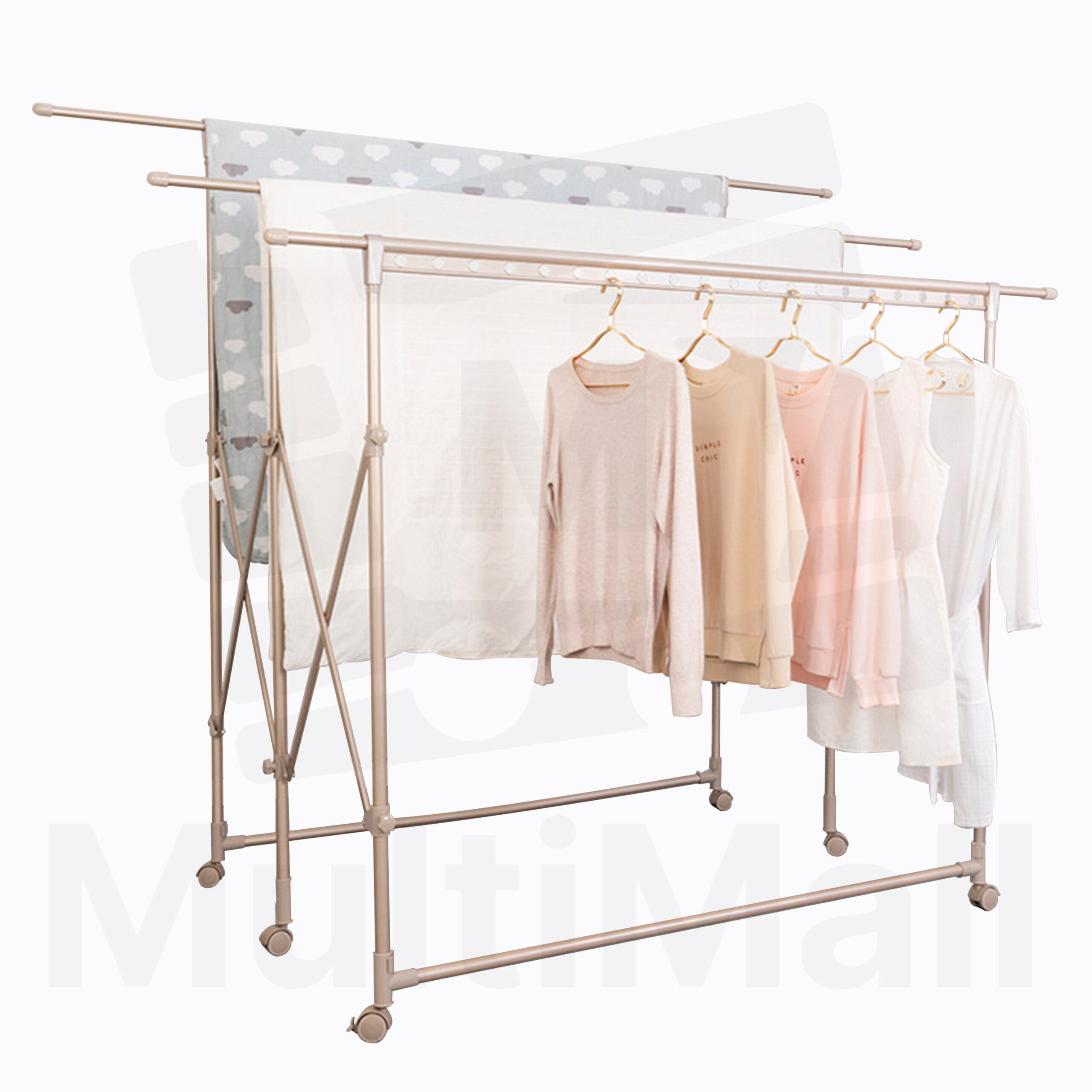 Retrackable Pole Rack Aluminum Laundry Rack H-Type 1.9M 3Pole, Large Capacity, Rustproof ...